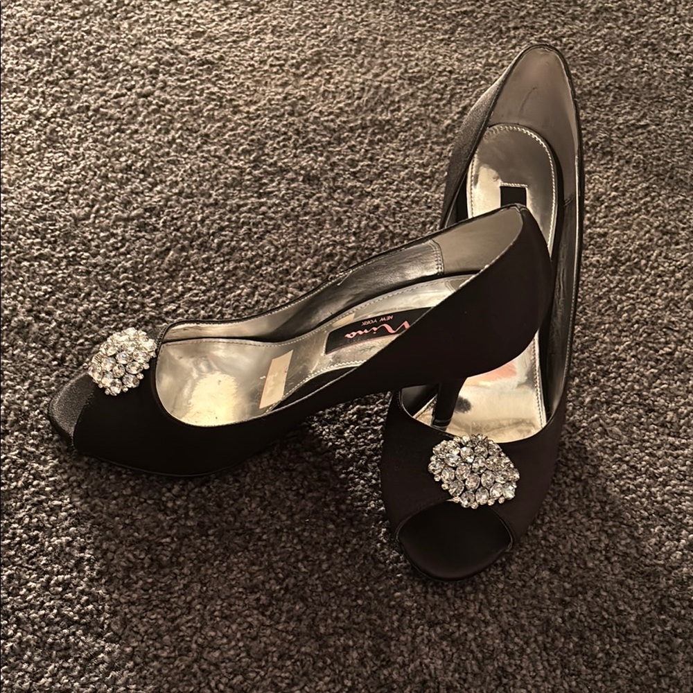 Elegant Black Peep-Toe Heels with Crystal Embellishment
